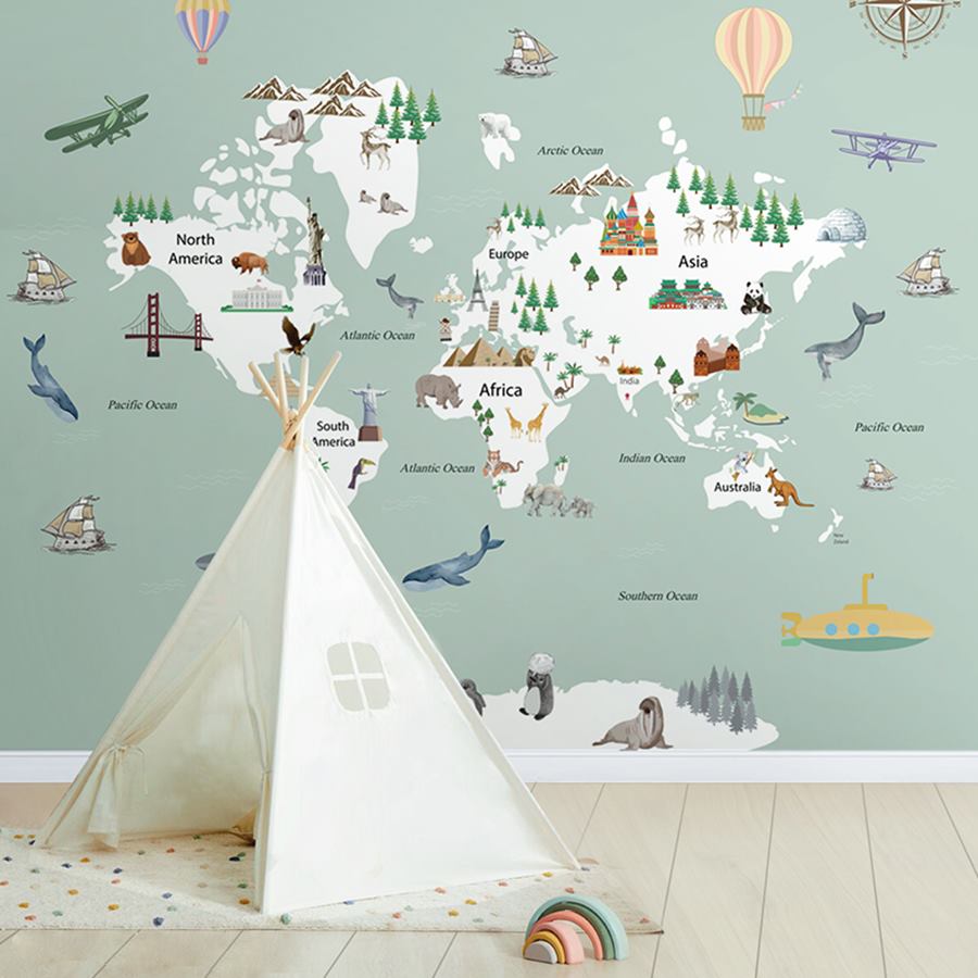 Explorer's World Map kids room wallpaper – The Wall Chronicles
